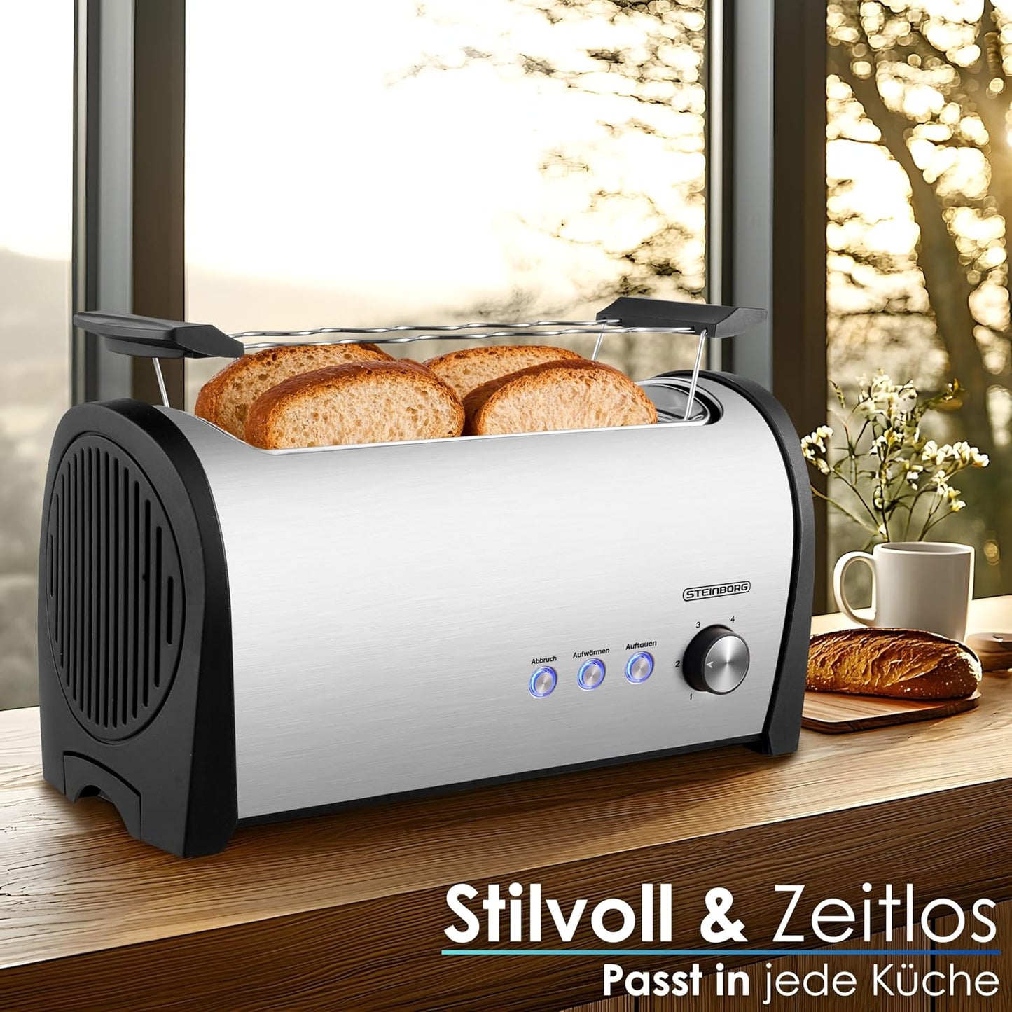 Toaster für 4 Scheiben mit Brötchenaufsatz