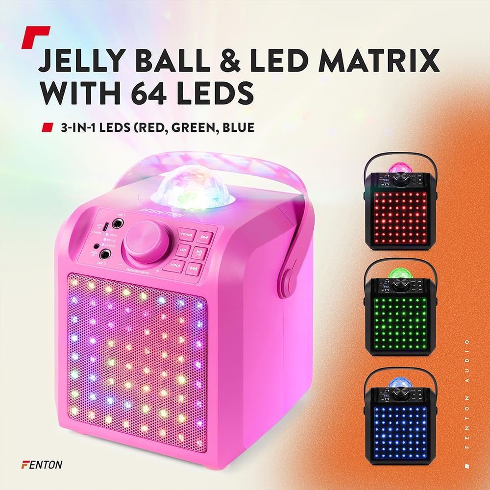 Karaoke-Musikbox mit Mikrofonen und LED-Licht, Pink + Disco Kugel