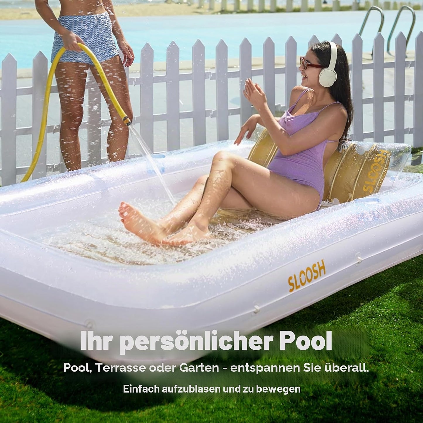 Aufblasbarer Sonnenpool mit abnehmbarem Kissen und Getränkehalter, Gold-Weiss XL