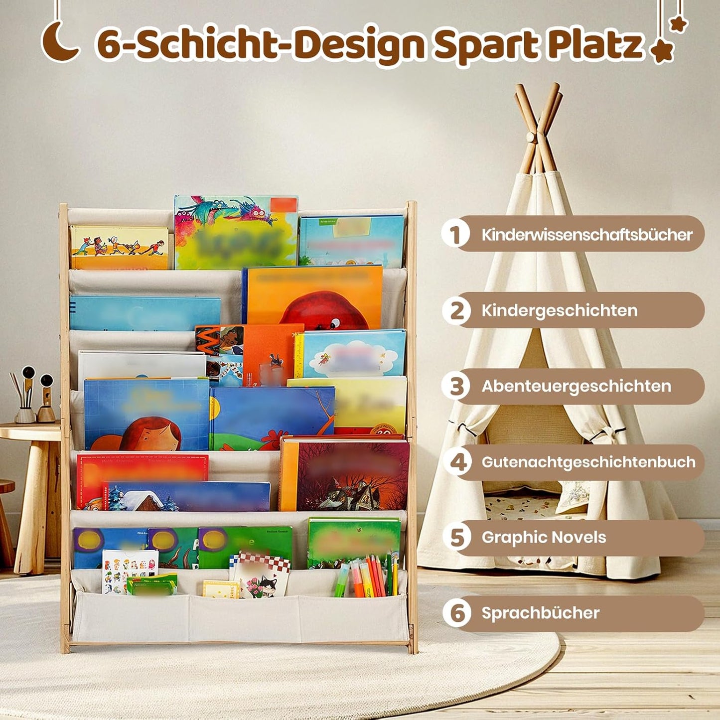 Bücherregal für Kinderzimmer mit sechs Stofffächern, Naturholzfarbe Large