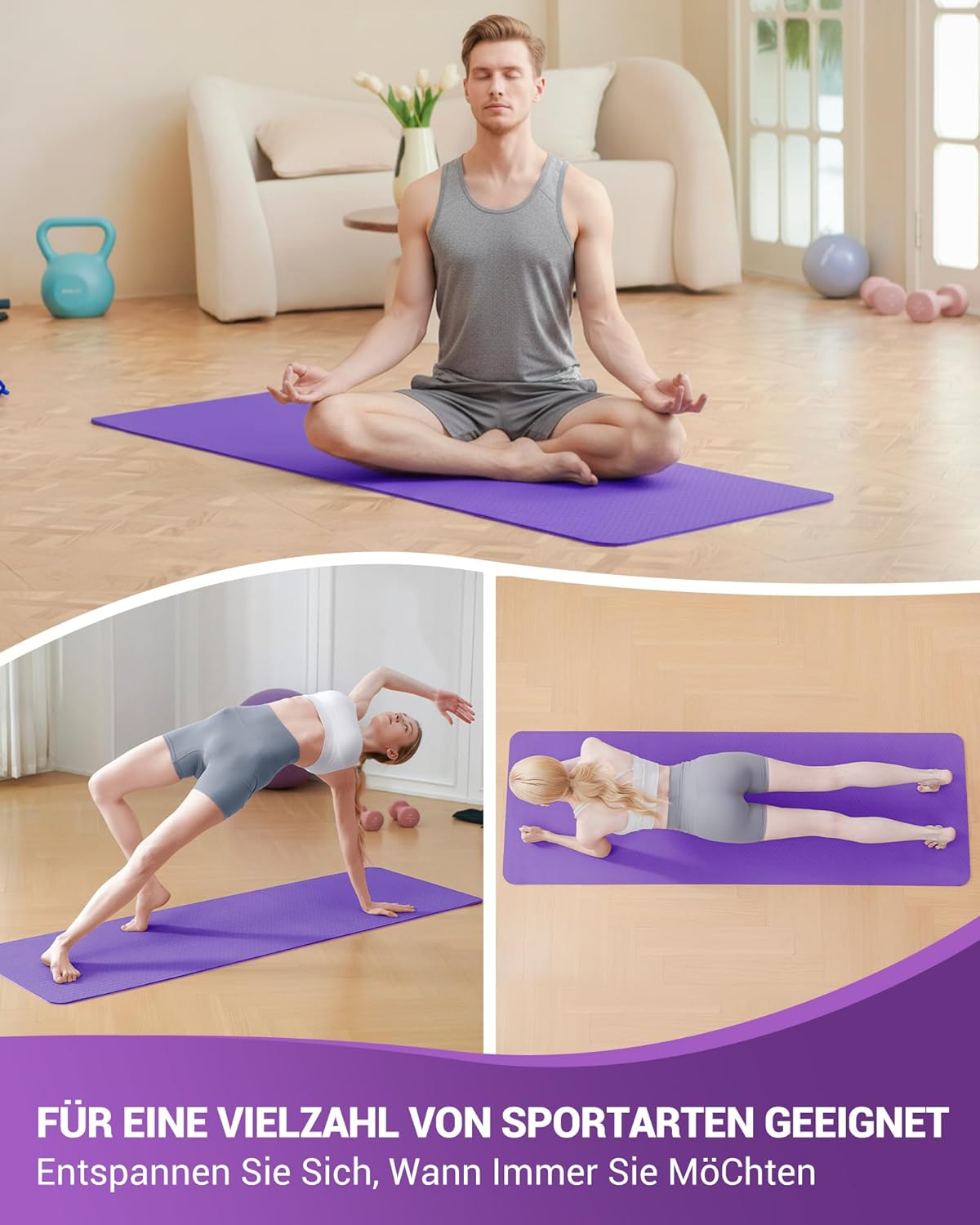 Rutschfeste Yogamatte für Gymnastik und Pilates, Lila/Rosa 6 mm