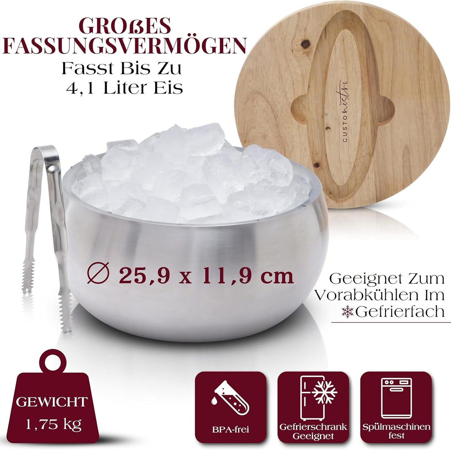 Eiswürfelbehälter mit Deckel und Zange, Silber 4.1 Liters