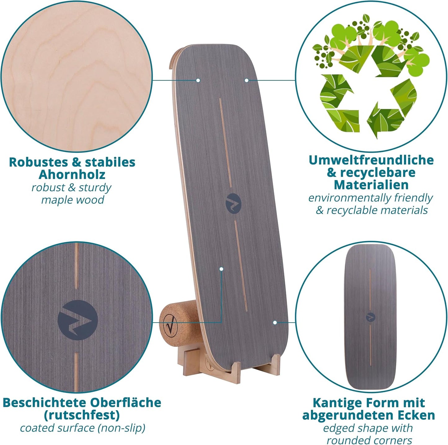 Balance Board aus Holz mit Rolle & Zubehör, Allround Shape Grau