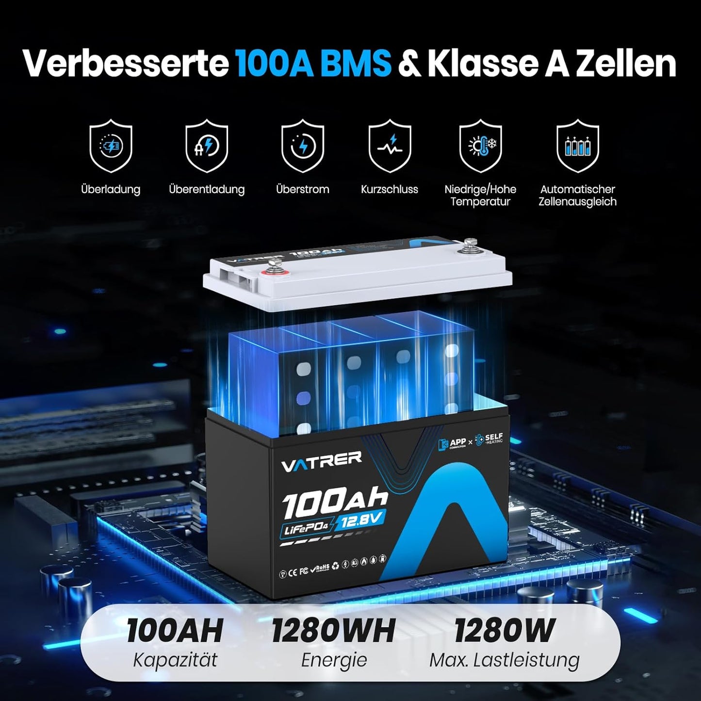 LiFePO4 12V 100Ah Lithium-Akku mit Bluetooth, 12V100Ah Selbsterwärmung