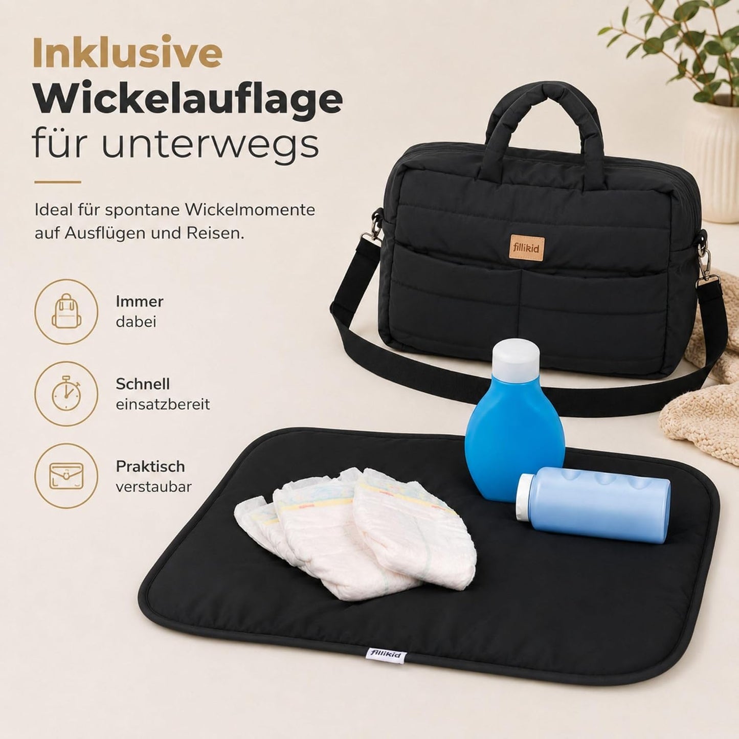Wickeltasche Toulouse mit Wickelauflage & Fächern, Schwarz