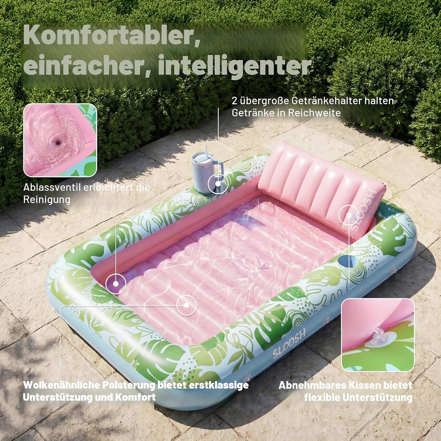 Aufblasbarer 4-in-1 Sonnenliegepool mit Kissen und Getränkehalter, Cyan-rosa L