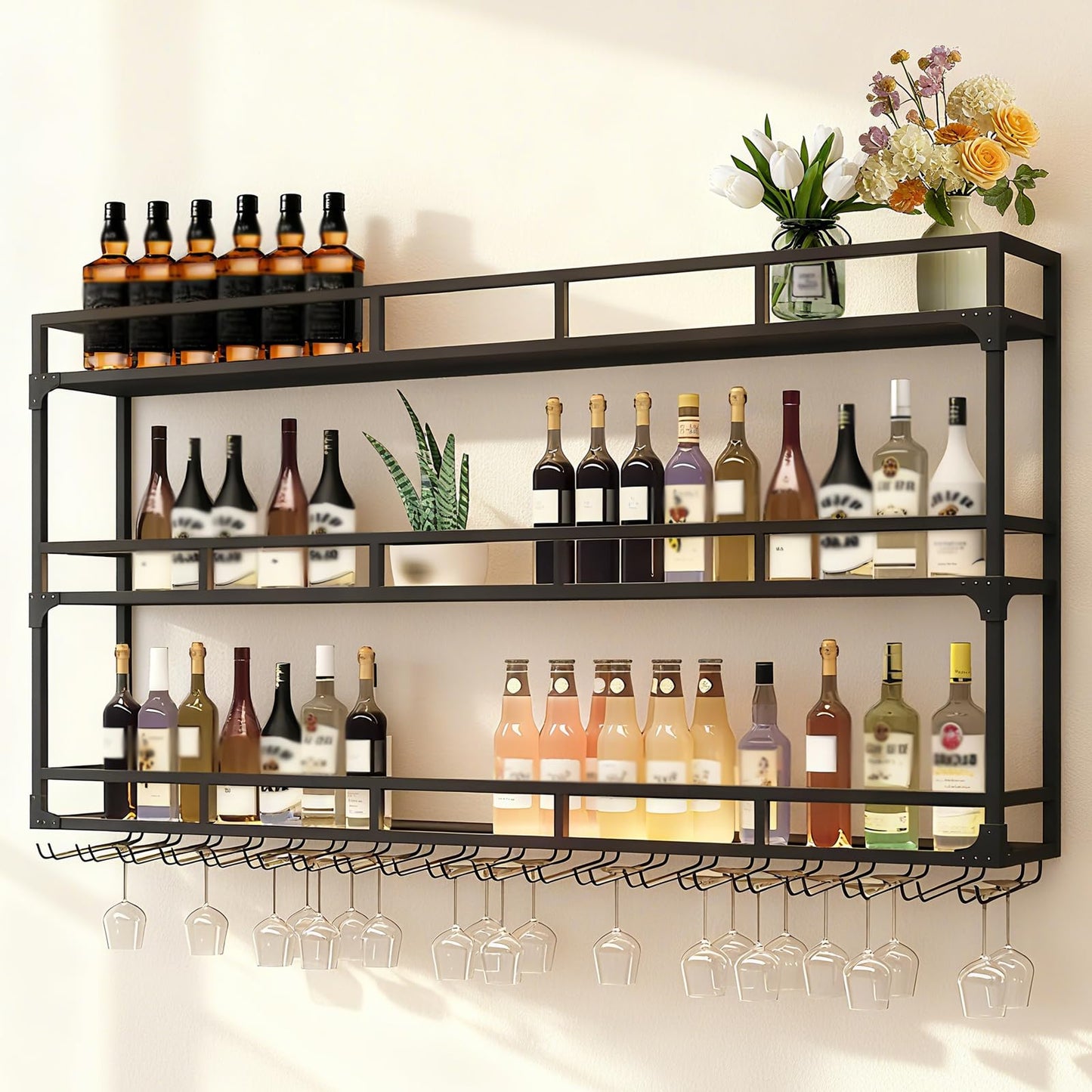 Weinregal mit Glashalter, Schwarz 100*25*90cm