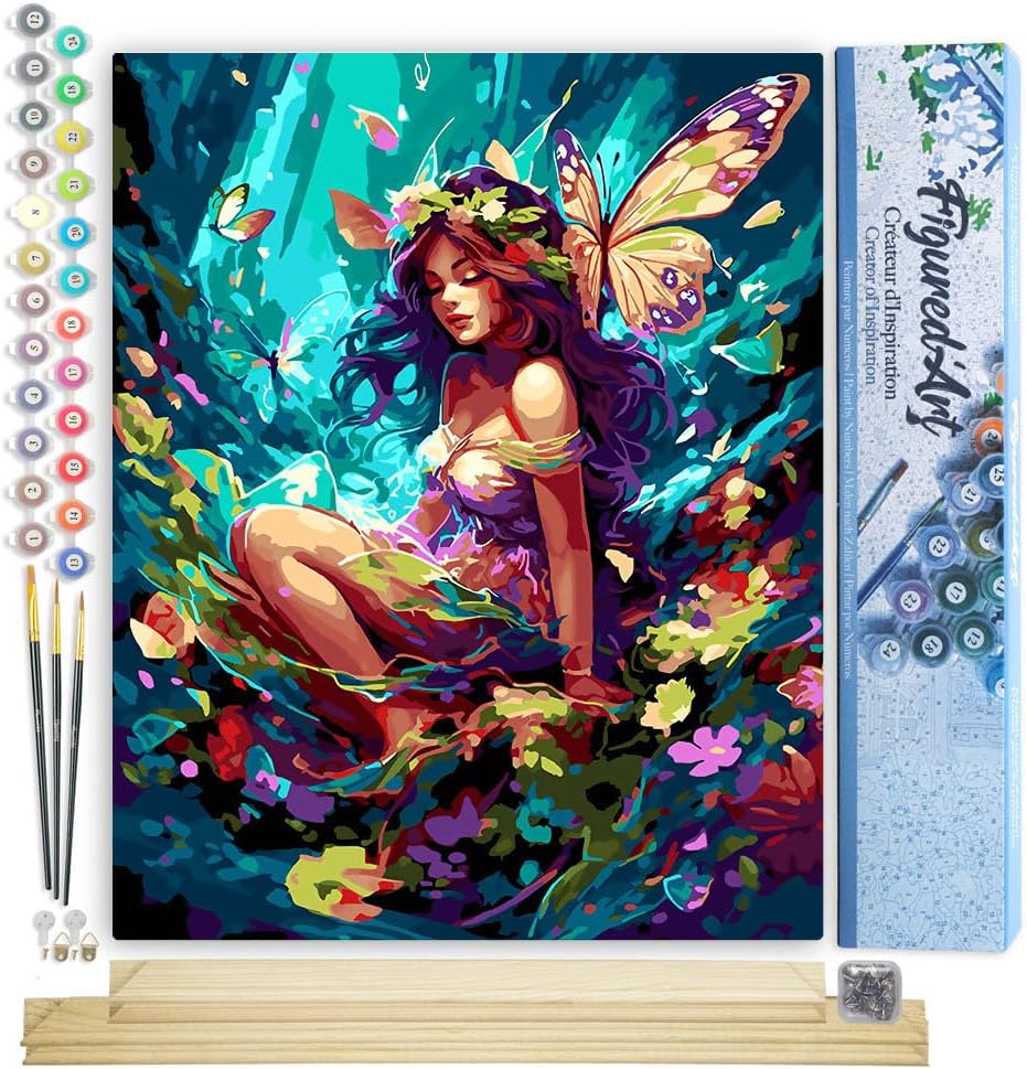 Malen nach Zahlen Set mit Keilrahmen, Fee und Schmetterlinge 40x50cm Mit Keilrahmen (nicht gespannt)