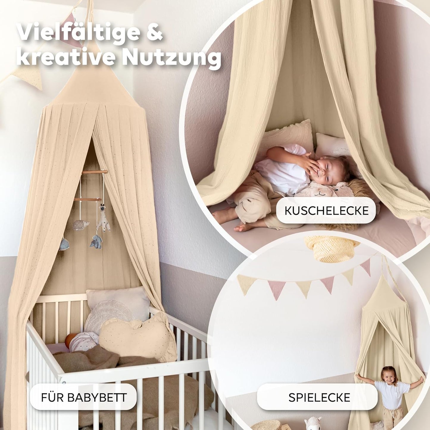 Betthimmel mit Goldapplikation 245x270cm, Creme mit Goldapplikationen