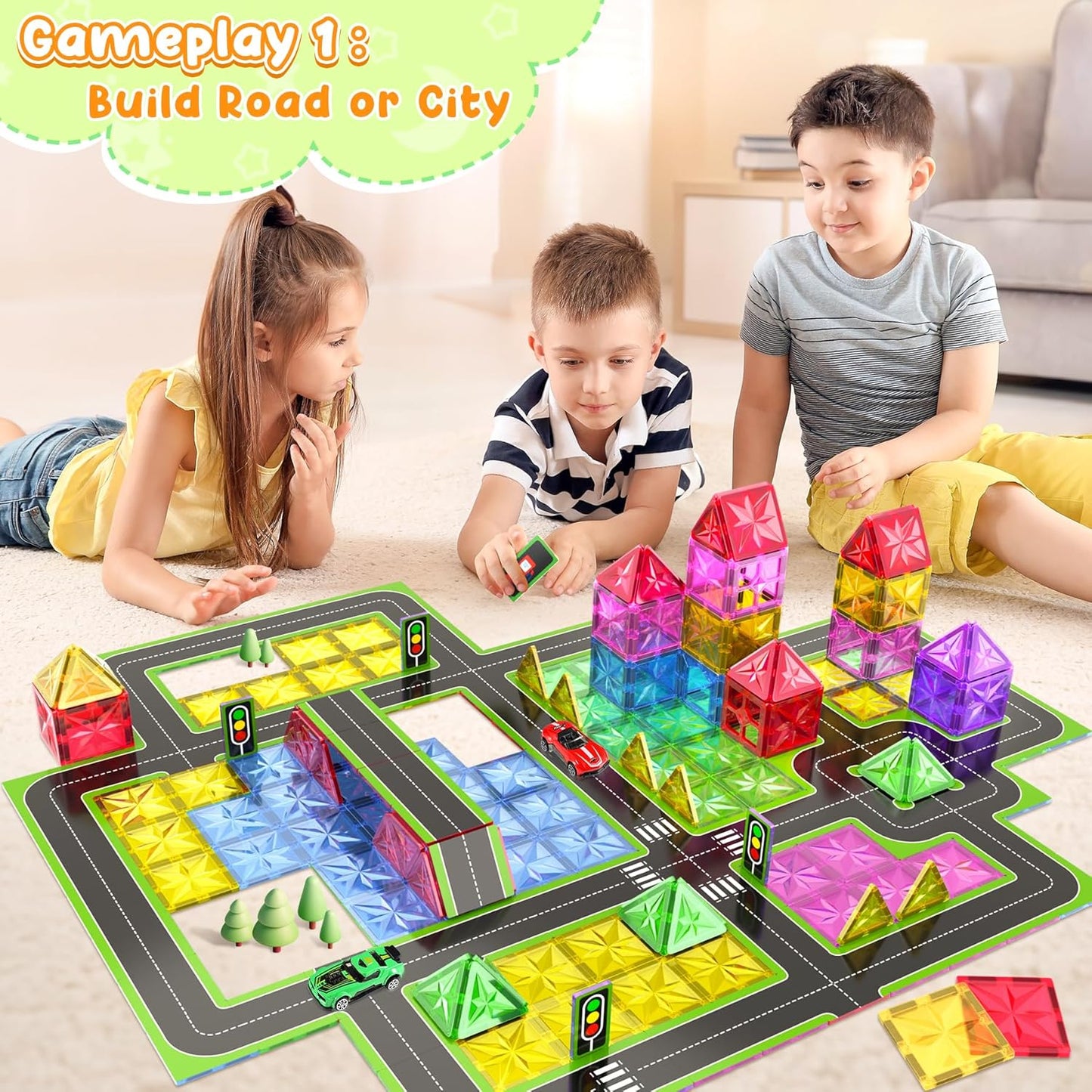 Magnetische Bausteine-Set mit 2 Autos, Rainbow Colours