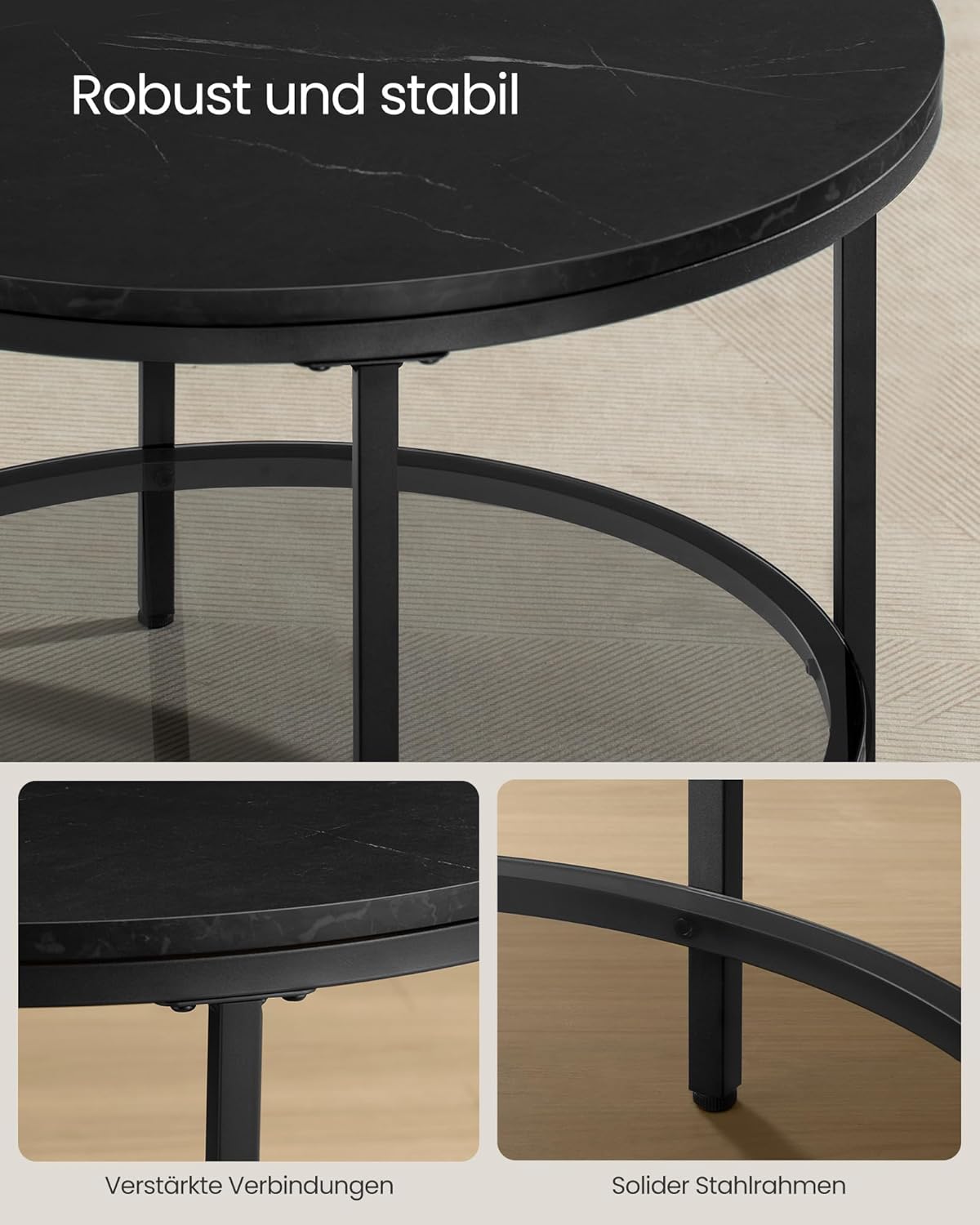 Moderner Couchtisch mit Glasplatte und Stauraum, 65d cm Marmorschwarz + Tintenschwarz