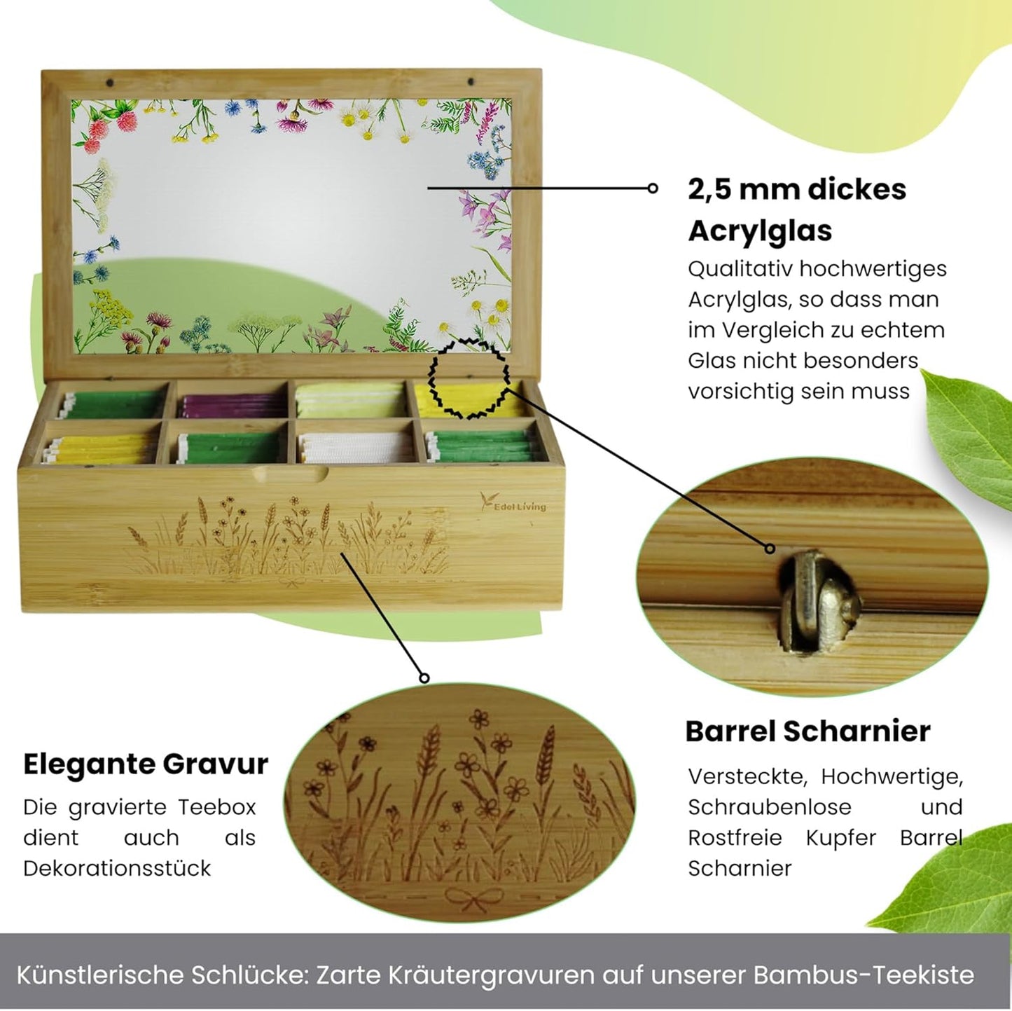 Premium Teebox mit 8 Fächern & Fenster, Mattem Wiesenwildblumen