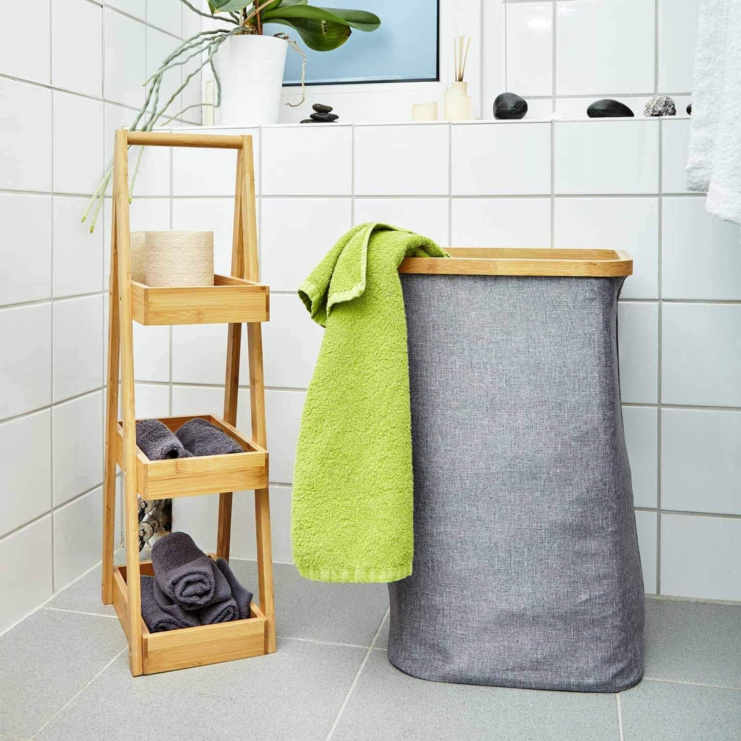 Faltbarer Wäschesammler mit Bambusring (50x32cm, 50L), Grau Faltbarer Wäschekorb