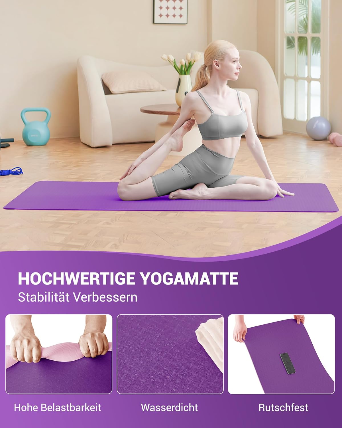 Rutschfeste Yogamatte für Gymnastik und Pilates, Lila/Rosa 6 mm