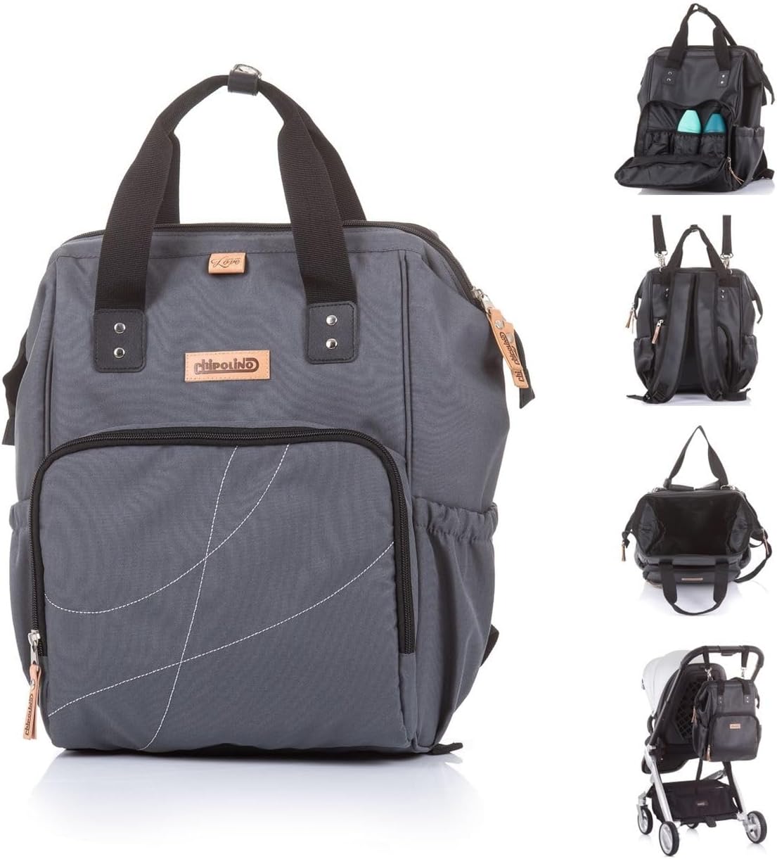 Wickelrucksack mit Wickelunterlage und Kinderwagenbefestigung, Grau