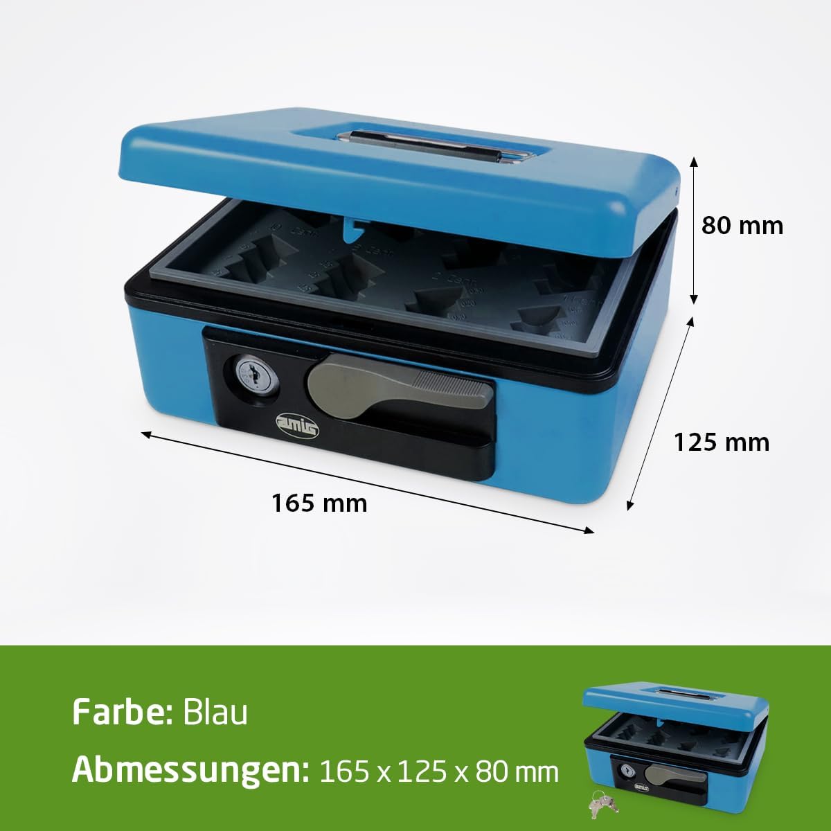 Geldkassette mit Sicherheitszylinder & Münzschale, Blau 165 x 125 x 80 mm
