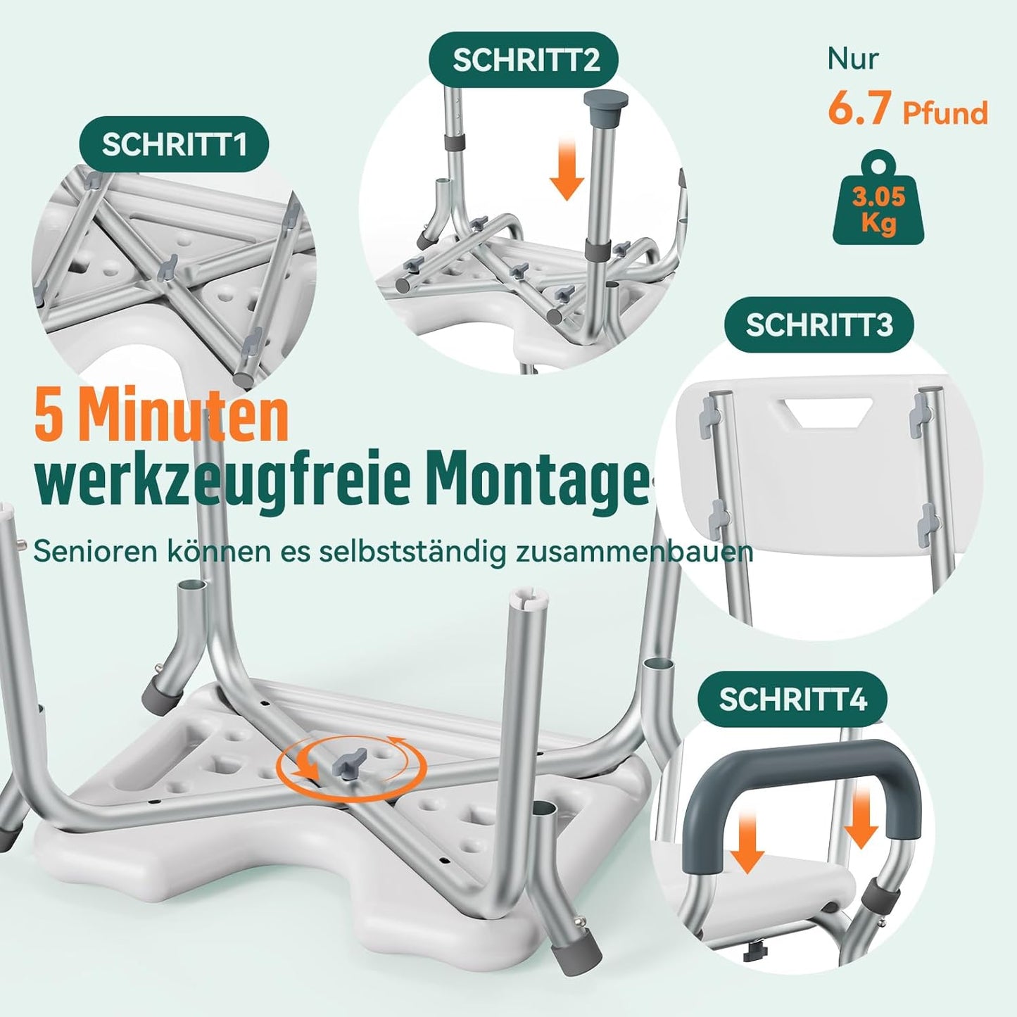 Höhenverstellbarer Duschstuhl mit Rückenlehne, LC03