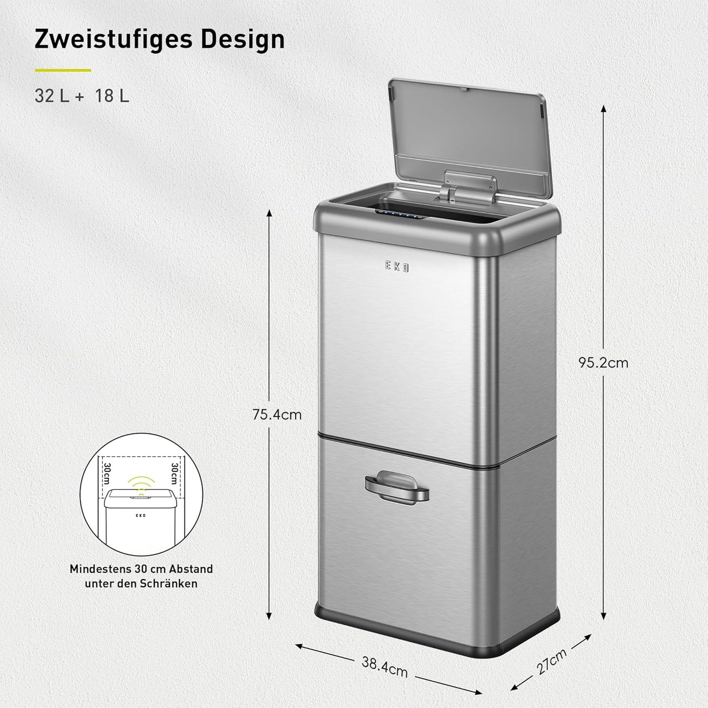 Sensor-Mülleimer mit 2 Fächern, 32+18 Liter-Edelstahl