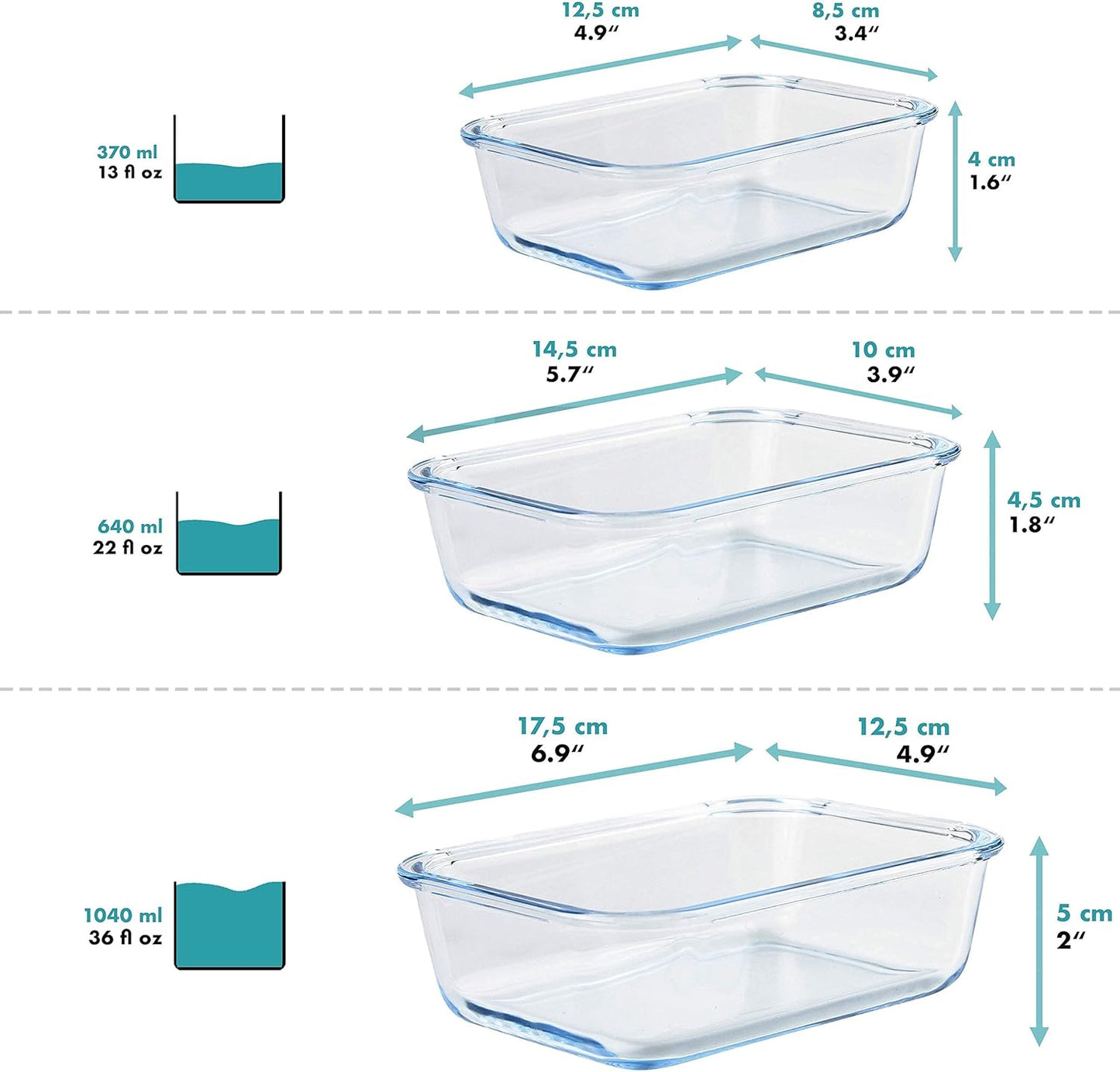 Frischhaltedosen-Set, luftdicht (3-teilig), 1 x 370 ml, 1 x 640 ml, 1 x 1040 ml Rechteckig