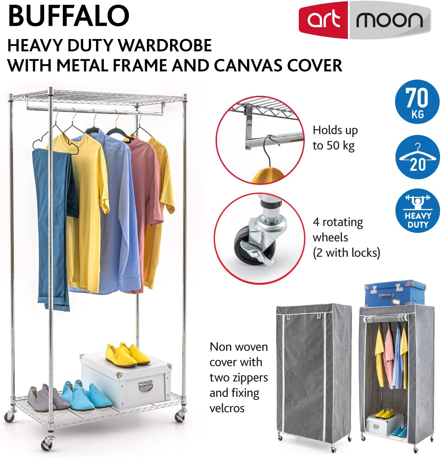 Stoffschrank Buffalo mit Rollen und Ablage, Grau