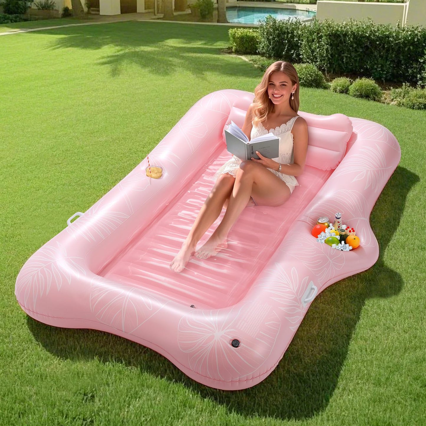 Aufblasbare Pool-Lounge mit Getränkehalter und Eisbar, M Size Pink