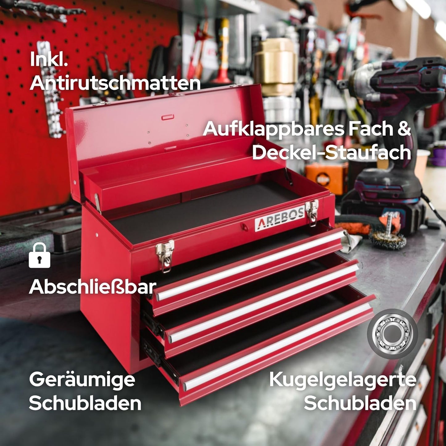 Werkzeugkoffer aus legiertem Stahl mit 3 Schubladen, Rot