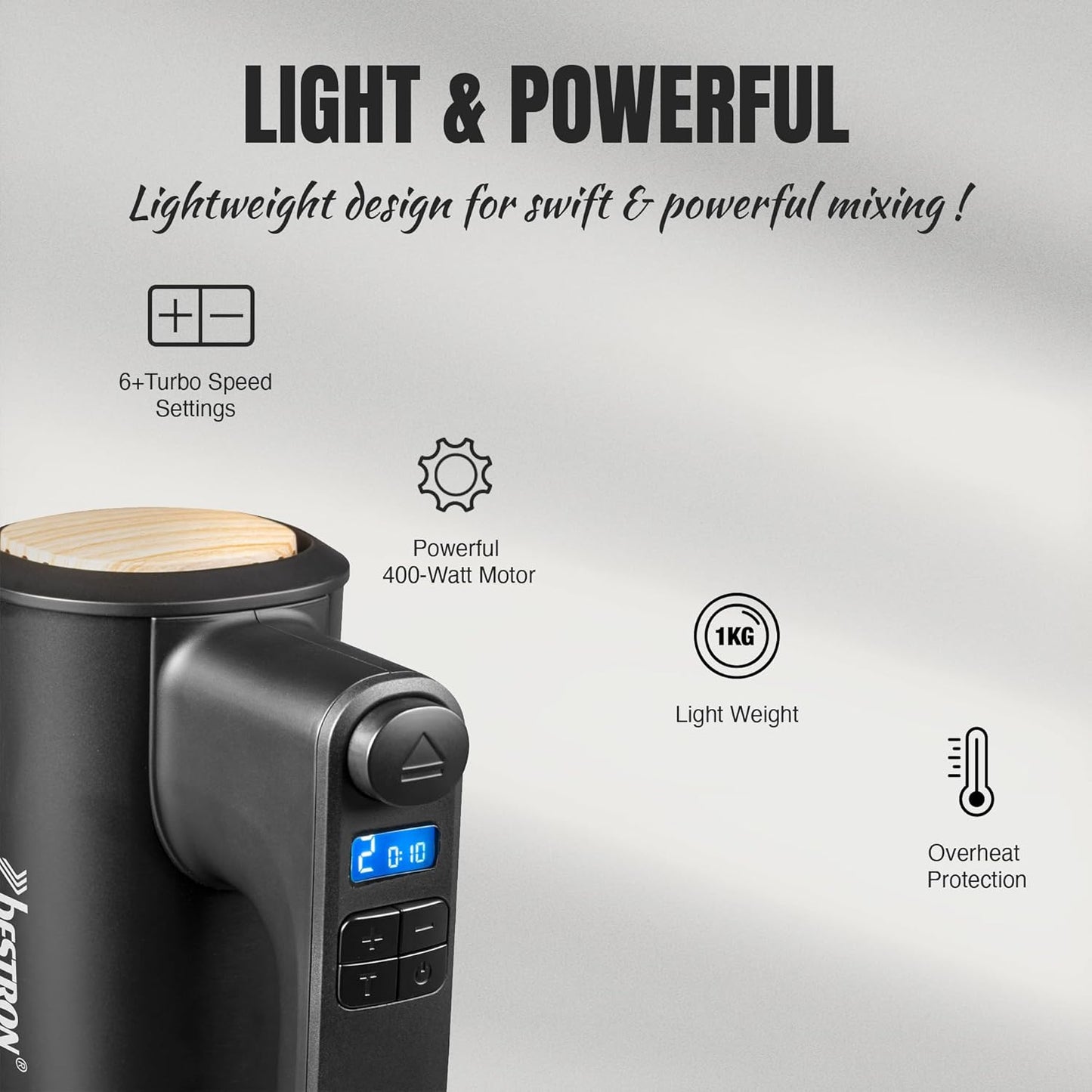 AHMD100BW Handmixer mit Turbo & LCD-Display, Schwarz-holz