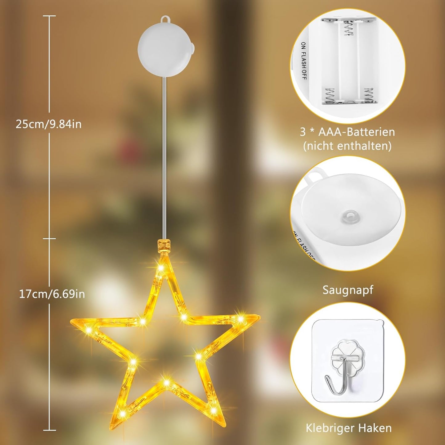4er-Set LED-Weihnachtsstern mit Timer, Warmweiß Sterne - 4 Stück