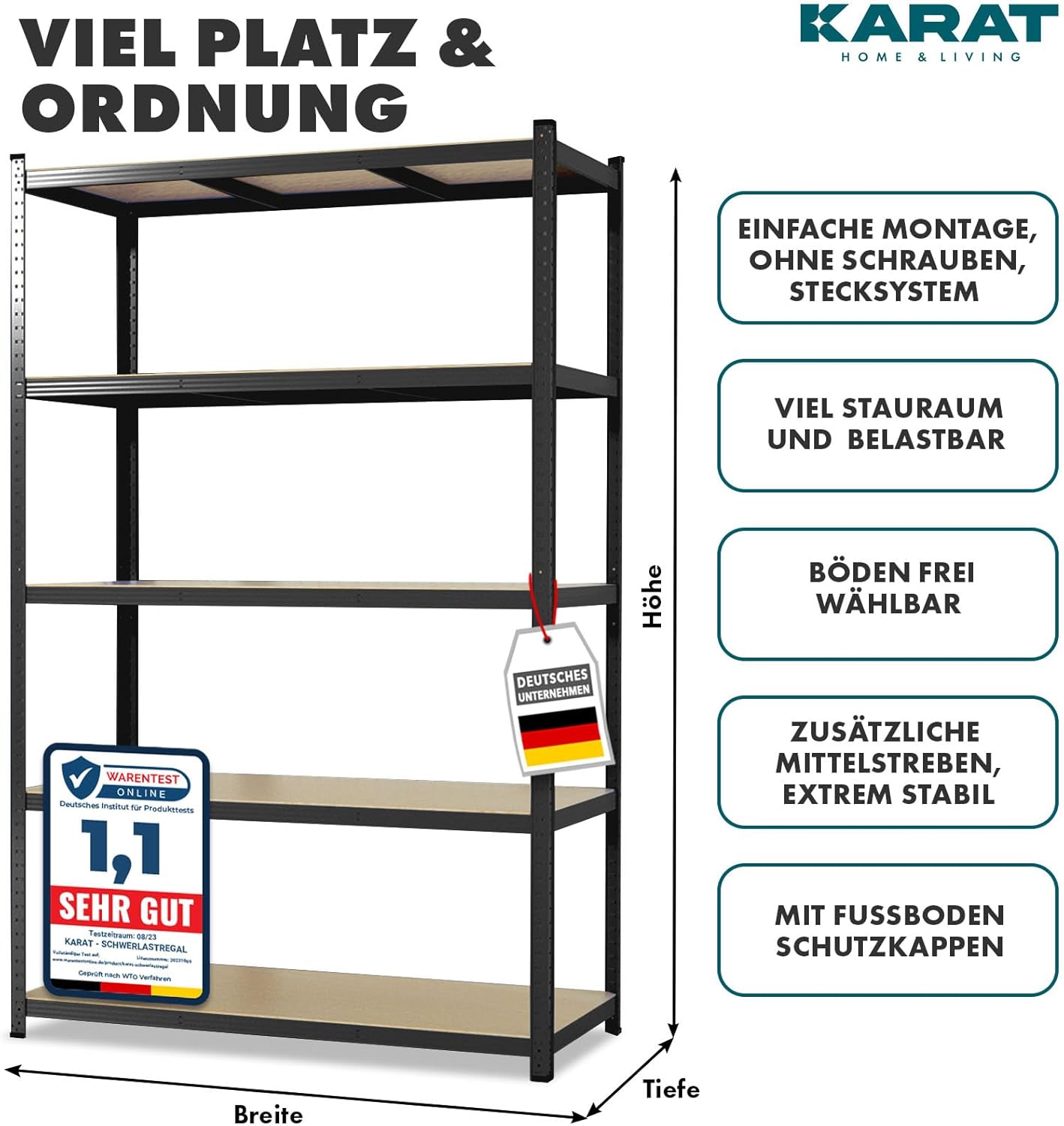 2er Set Schwerlastregal mit 5 Böden, 150 x 75 x 30 cm Schwarz
