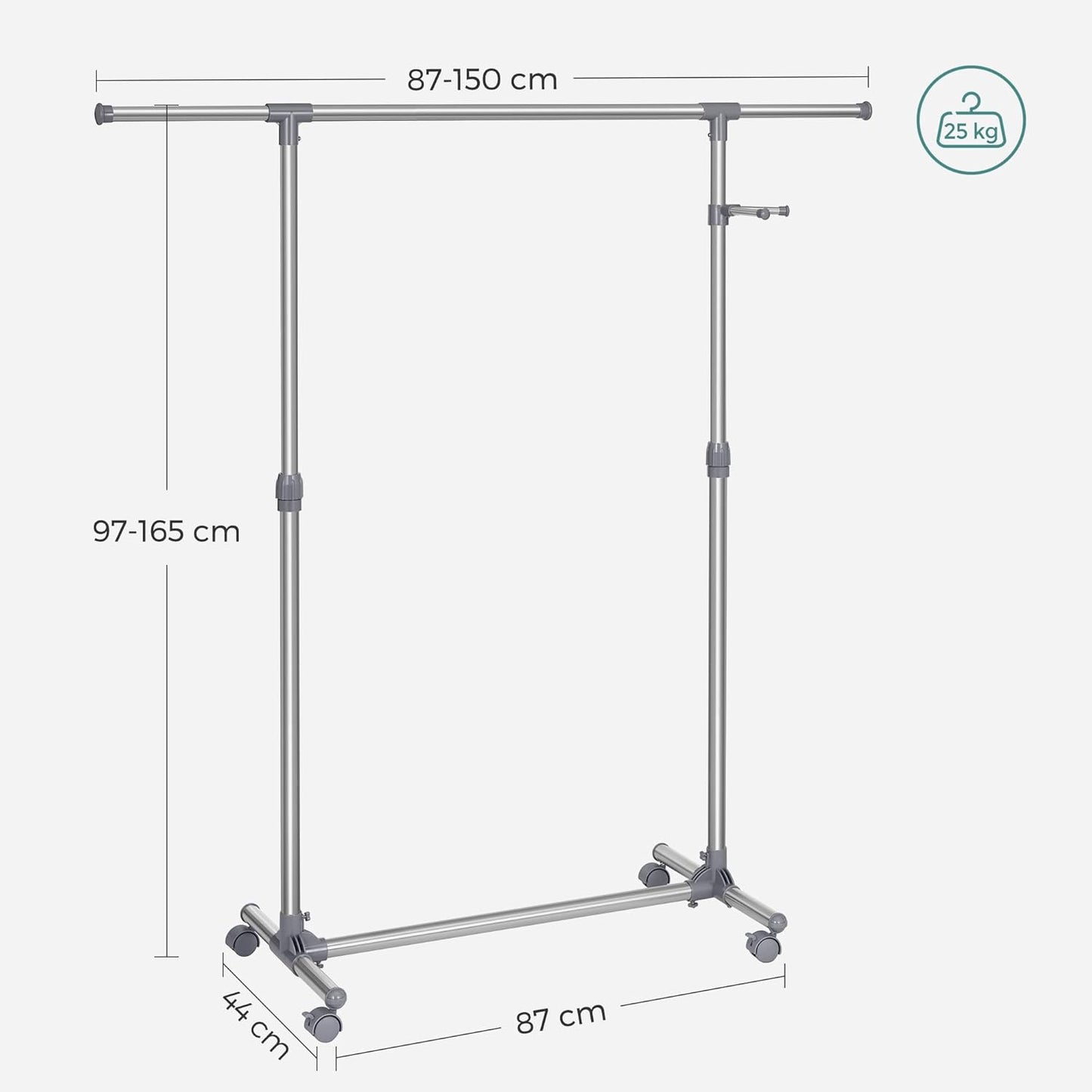 Höhenverstellbarer Garderobenständer auf Rollen, （87-150）x 44 x（97-165）cm Grau