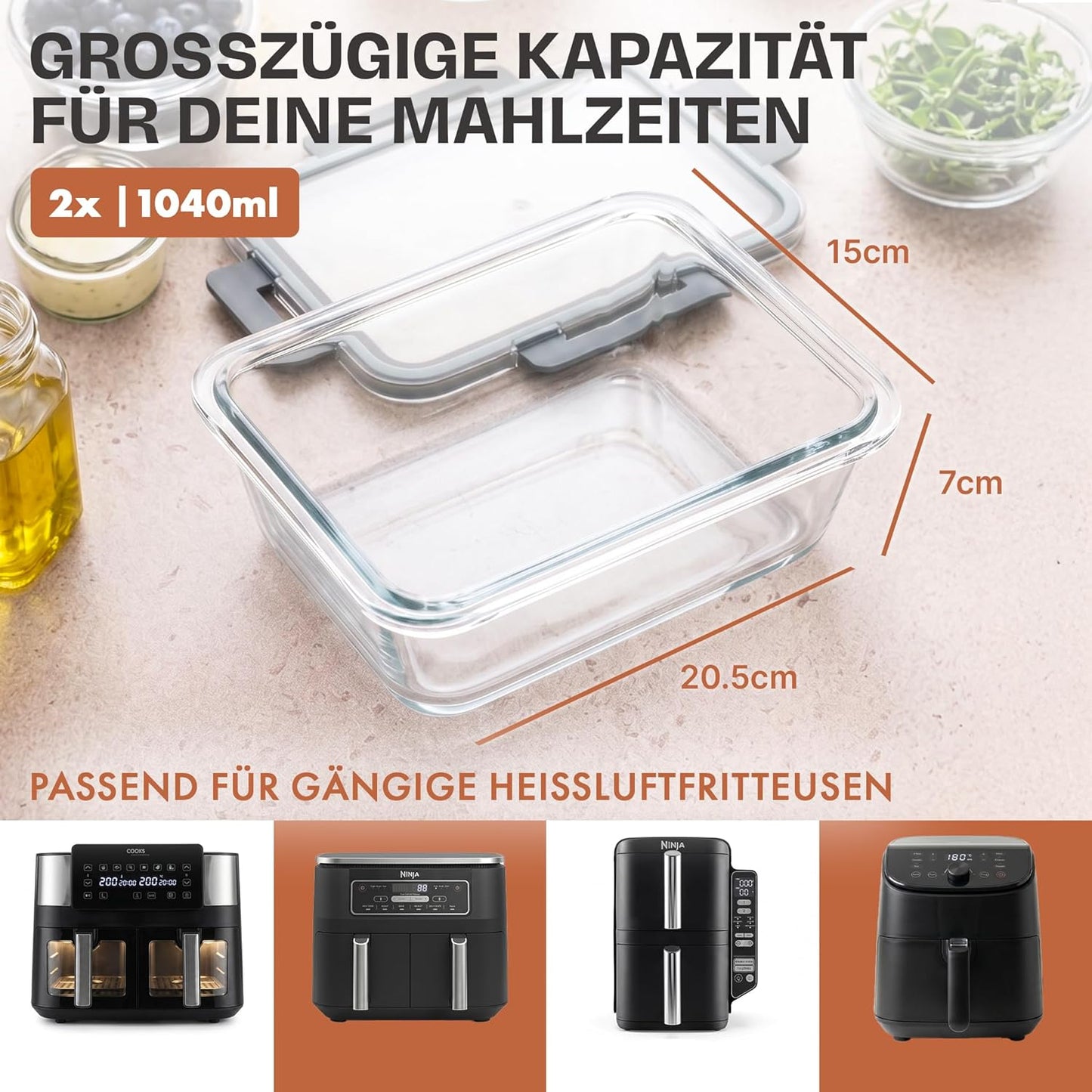 2er-Set Glasbehälter für Airfryer, 1040ml | 2er Set