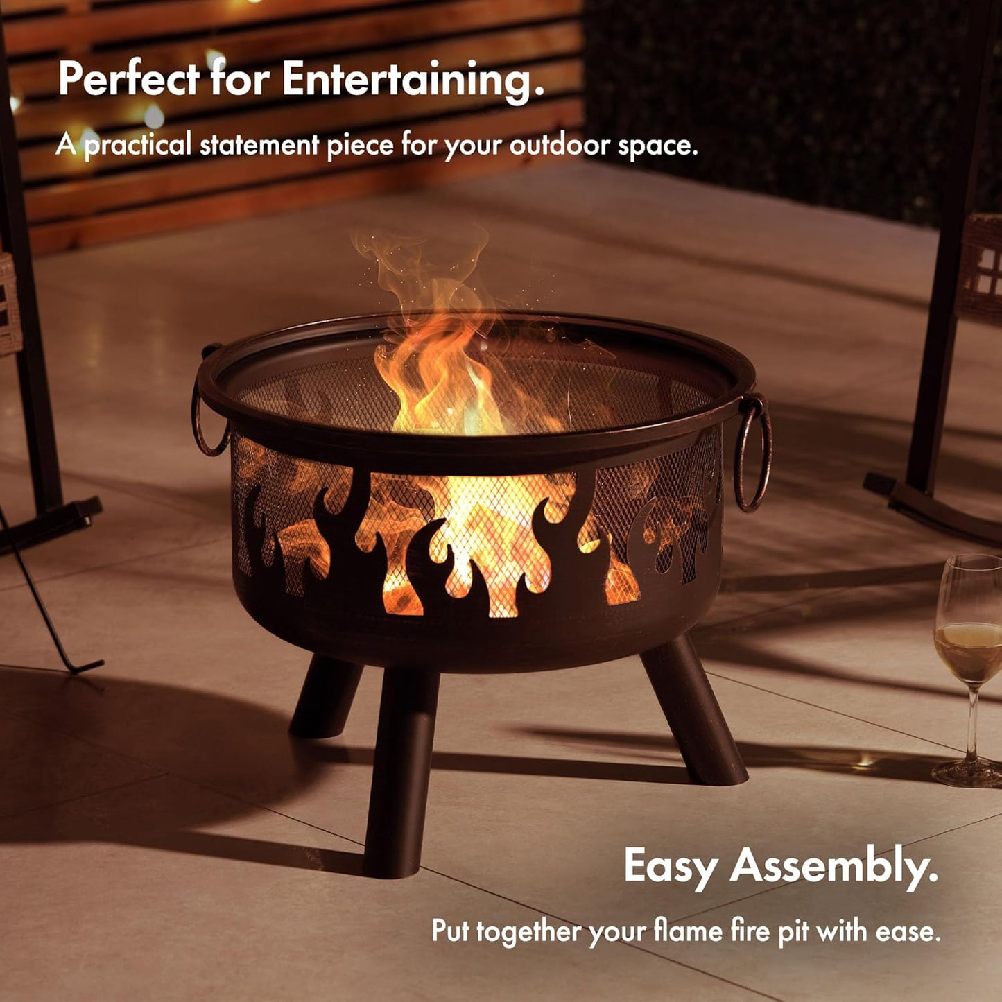Feuerstelle für Garten & Terrasse, tragbar & leicht, Schwarz mit Flammdesign