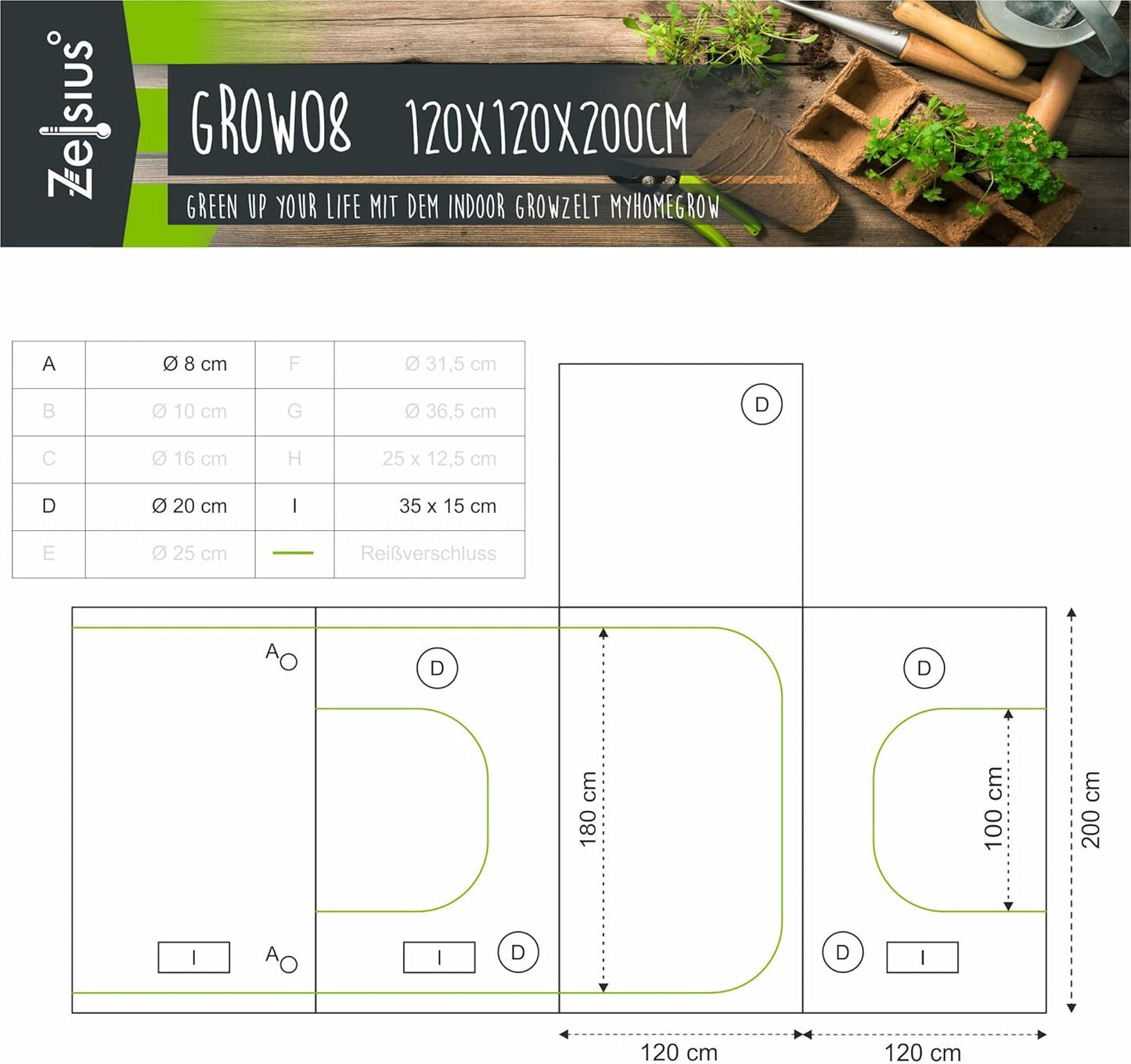 Growzelt MyHomeGrow, Grau 120 x 120 x 200 cm
