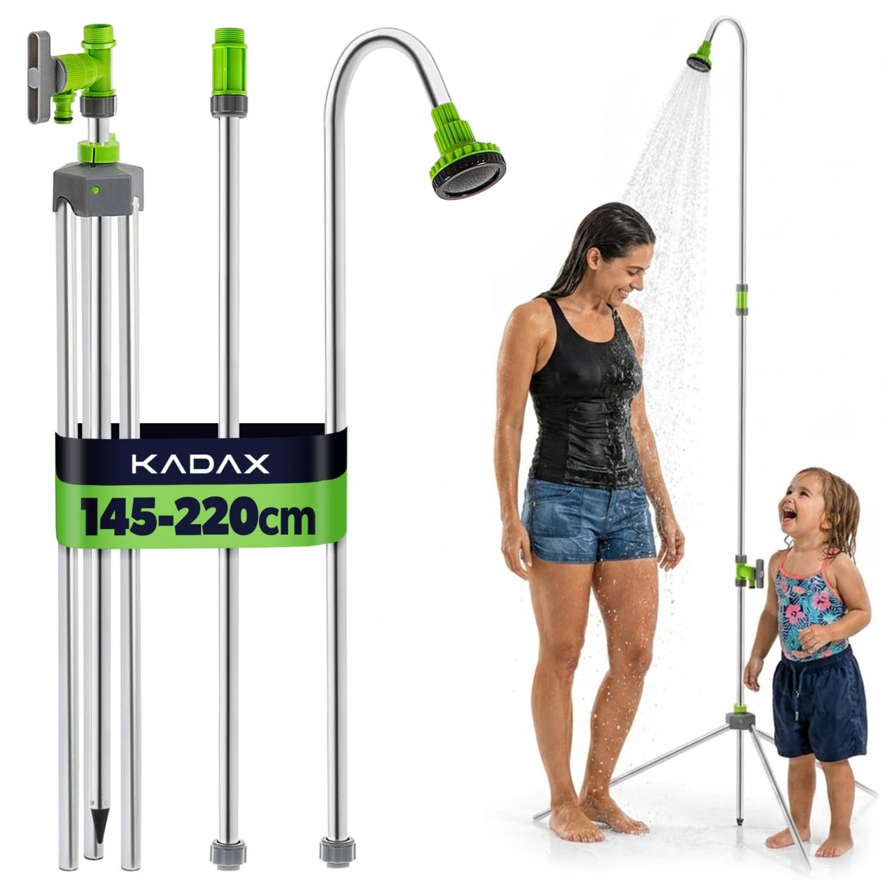 Höhenverstellbare Aussendusche für Garten & Camping, H: 145-220 cm Silber/Grün