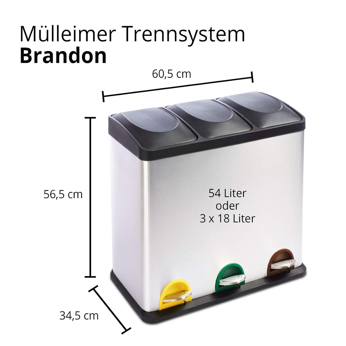 Mülltrennsystem Brandon, 3x18l, Brandon - Edelstahl 3x 18 Liter