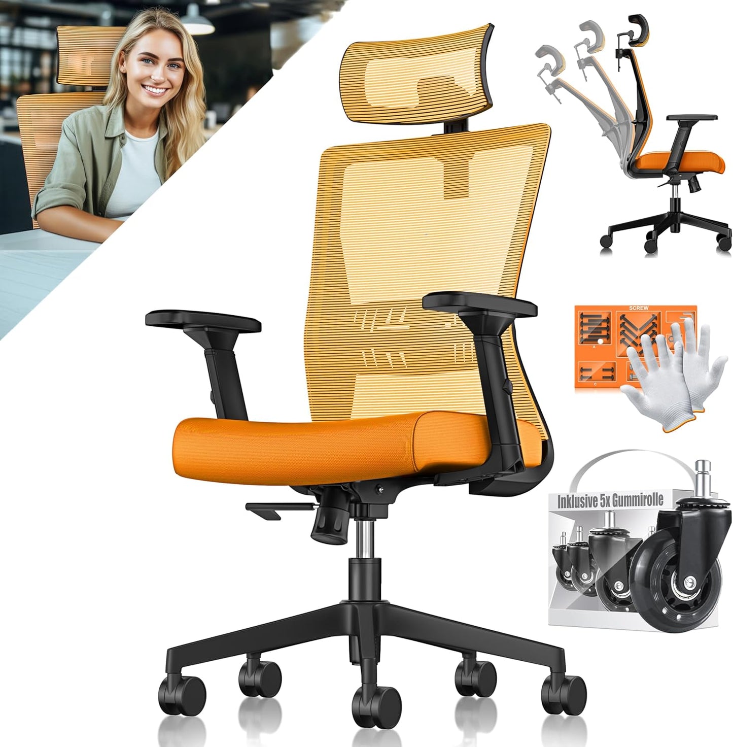 Ergonomischer Bürostuhl mit Wippfunktion und Lendenstütze, Orange / Schwarz