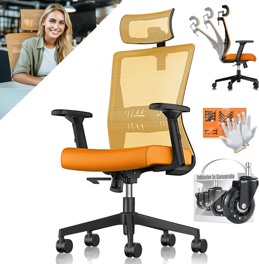 Ergonomischer Bürostuhl mit Wippfunktion und Lendenstütze, Orange / Schwarz
