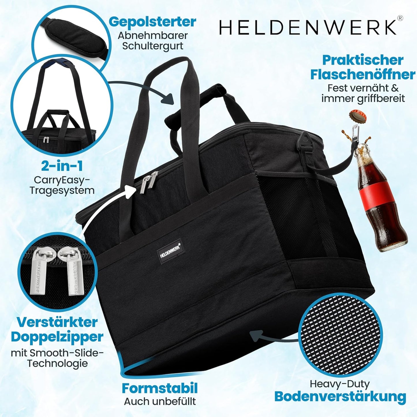 Faltbare Kühltasche mit Flaschenöffner & verstärktem Boden, Schwarz 33L (L40 x B26,5 x H31 cm)