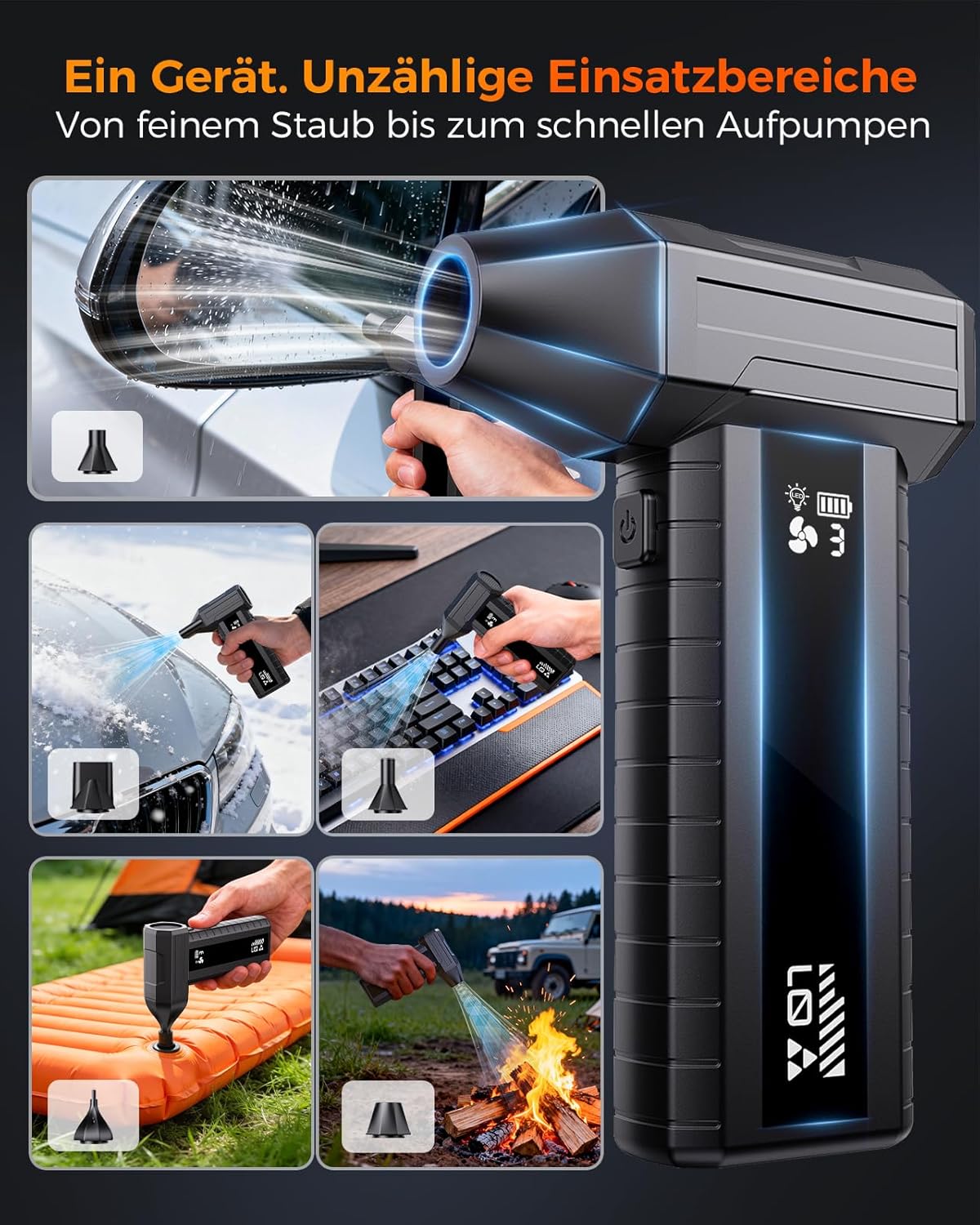 Elektrischer Air Duster W20B mit LED & Smart-Display, Schwarz