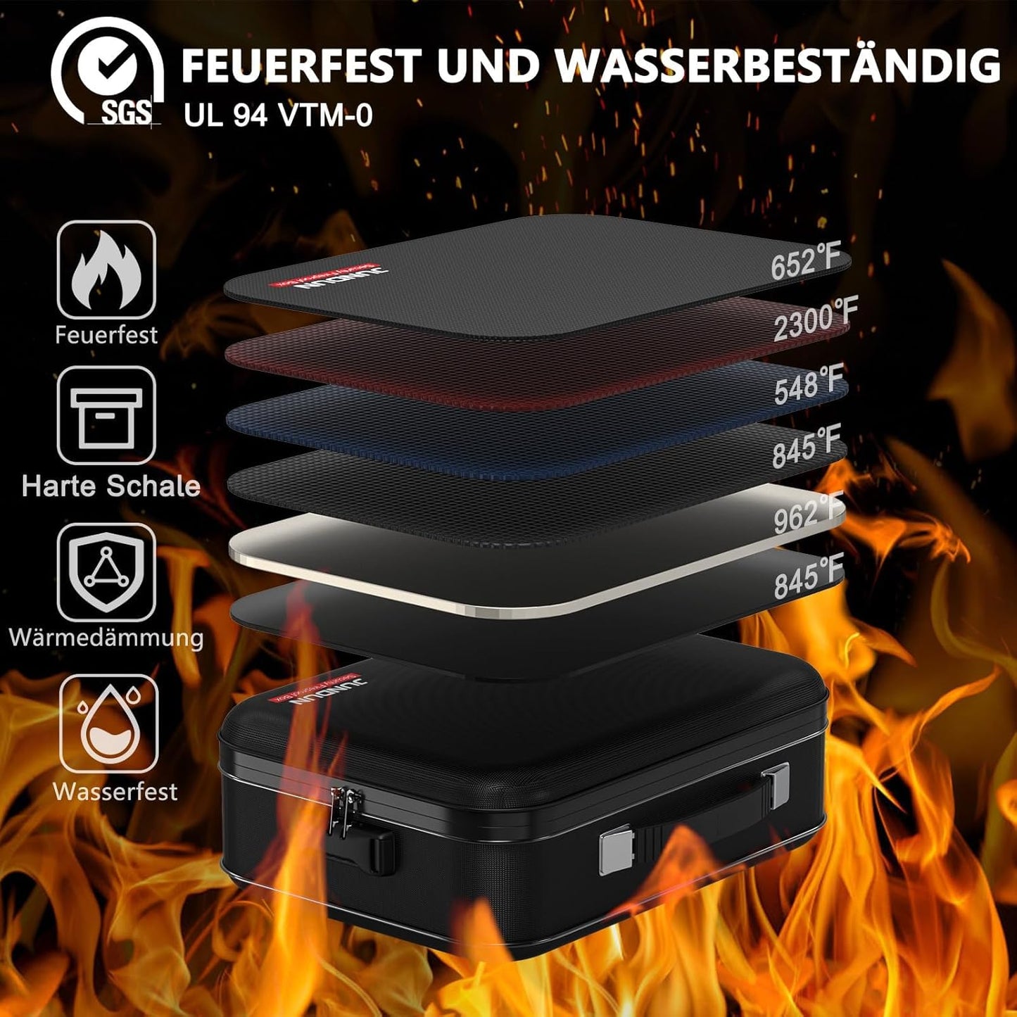 Feuerfeste Dokumentenbox mit Schloss und 13 Fächern, Schwarz XL