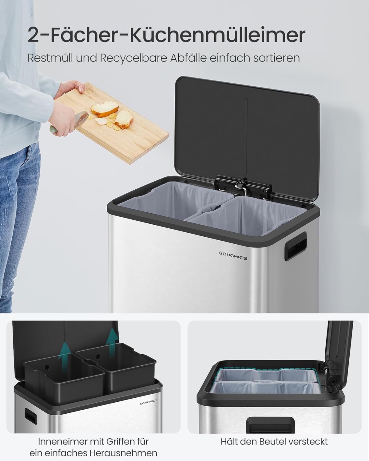 Mülltrennsystem mit Softclose-Deckel, metallicsilber / 2 x 30 L