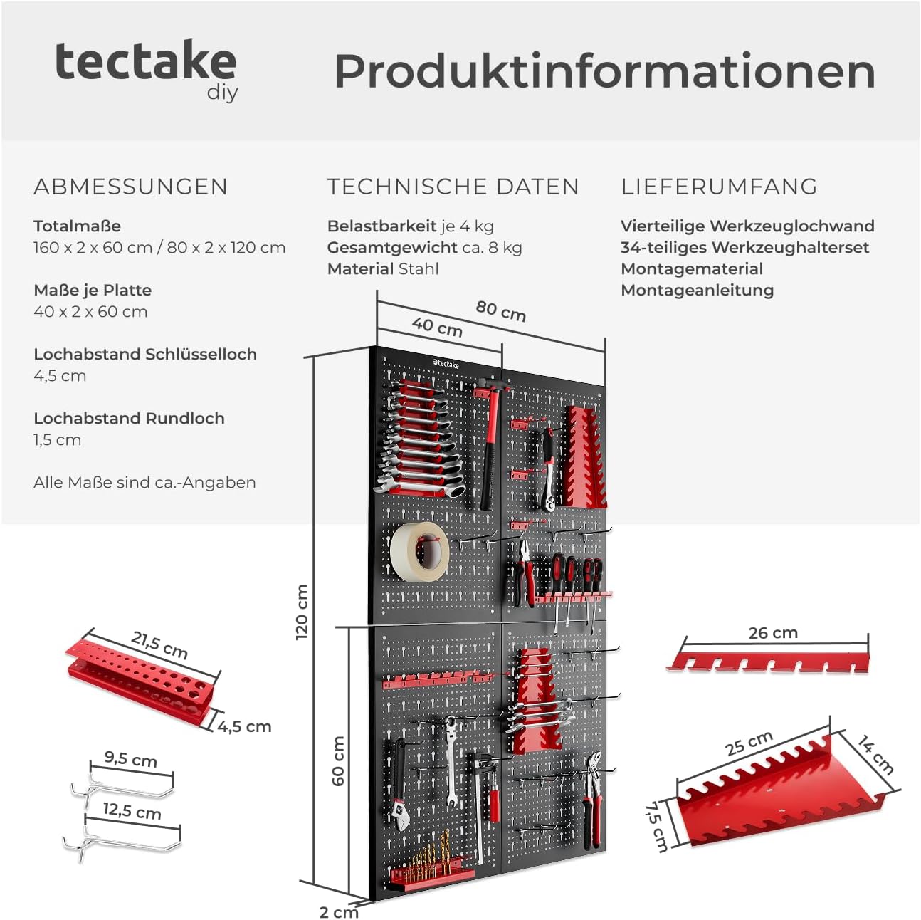 Werkzeuglochwand Set mit Halterungen, 4-teilig, 4-tlg.