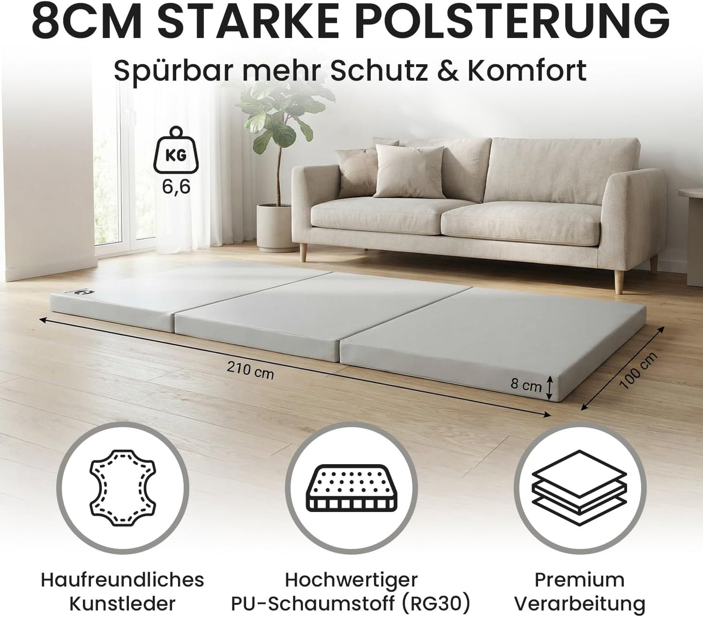 Klappbare Weichboden- und Turnmatte, Grau / Schwarz