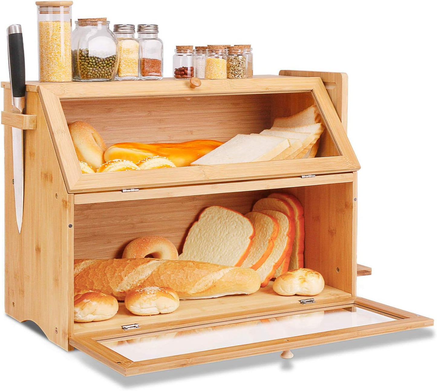 Zweistöckiger Brotkasten mit Belüftung, Natur/Gross 50x25x37cm Durchsichtiges Fenster