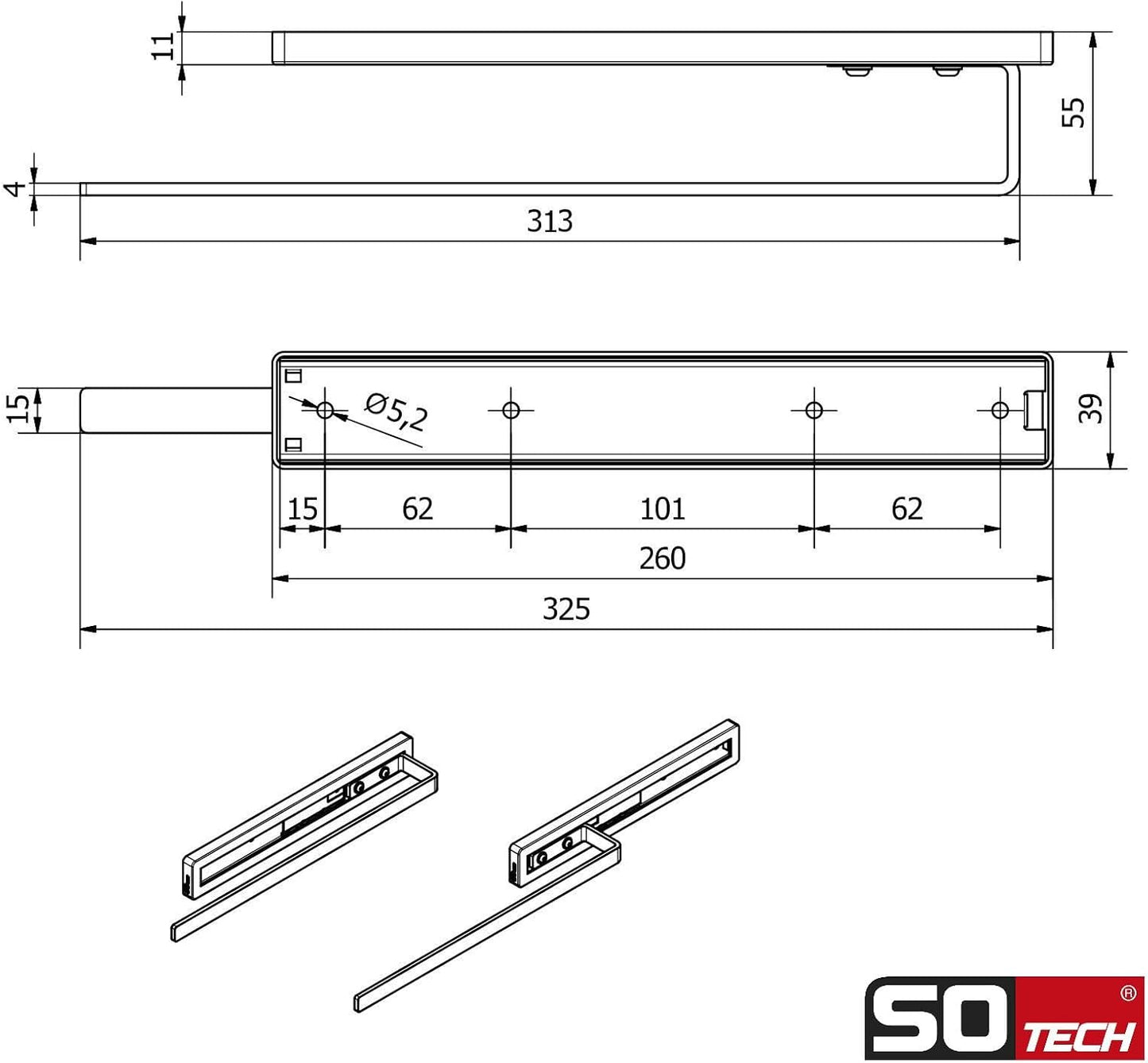 Handtuchauszug, 1-armig eckig 325 mm Chrom Poliert