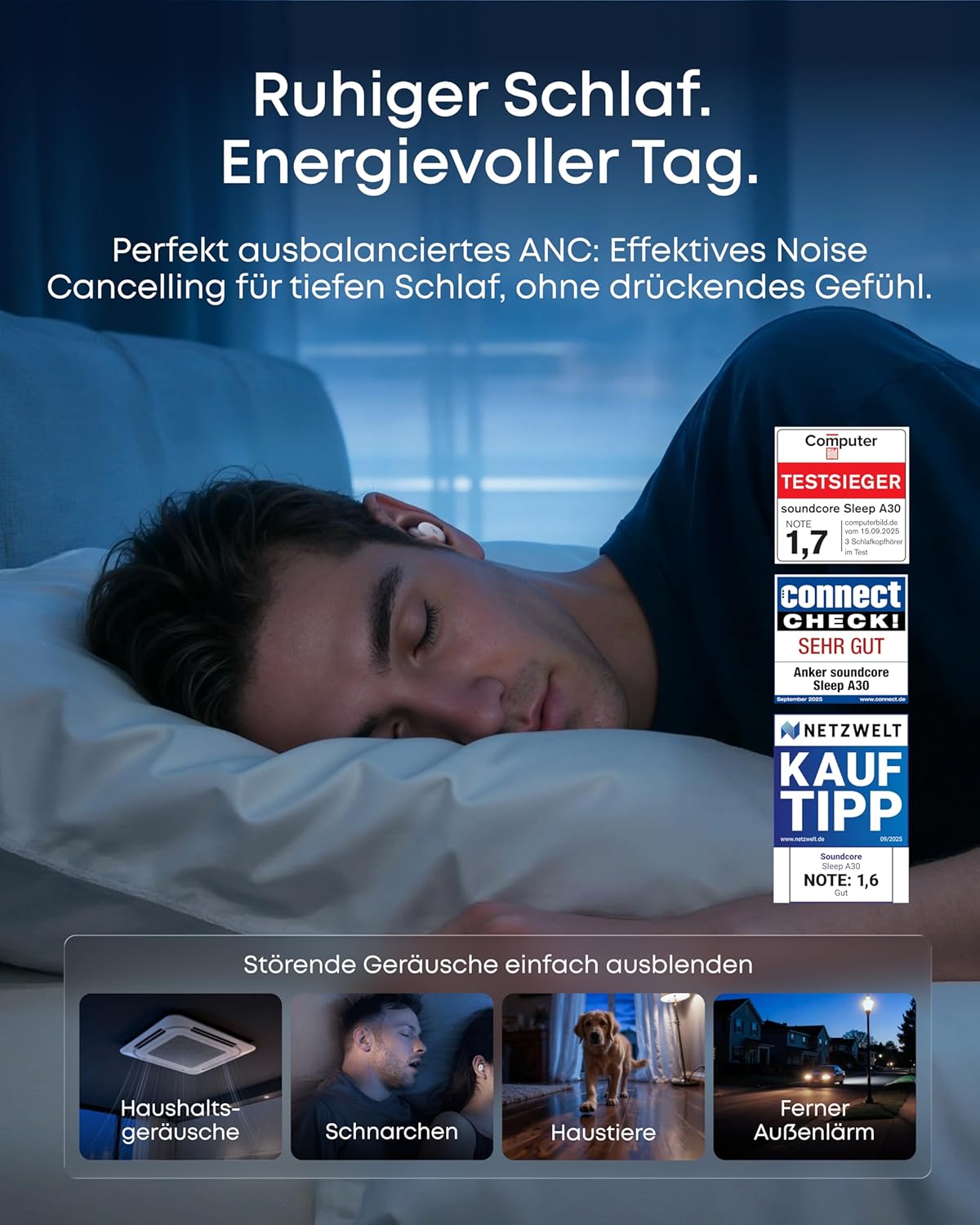Sleep A30 Schlafkopfhörer mit Schonendem ANC und Geräuschmaskierung, Mondschein-Weiß