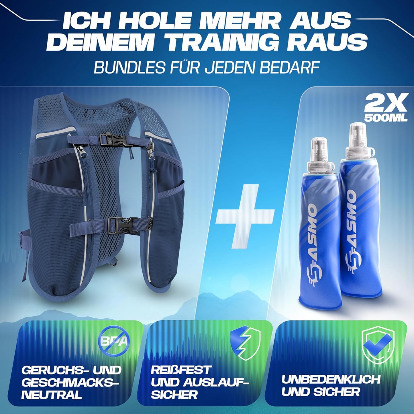 Ultraleichte Laufweste mit Trinkflaschen (5L), navyblau - mit 2x500ml 5L