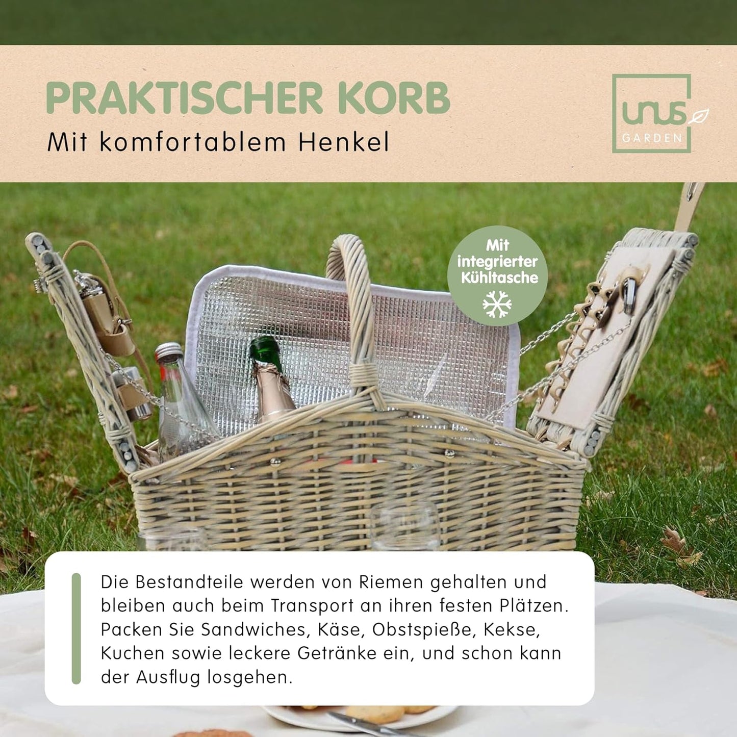 Picknick Set mit Kühltasche und Decke für 2 Personen, Grau / Weiss / Blau
