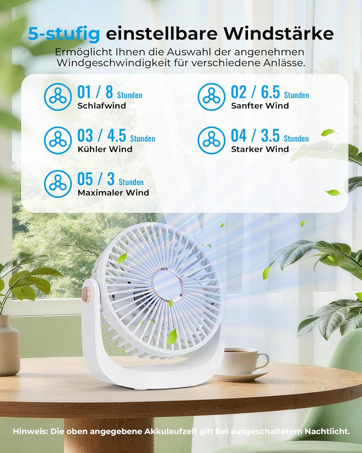 Leiser Tischventilator mit Nachtlicht und USB-Ladung, Weiss