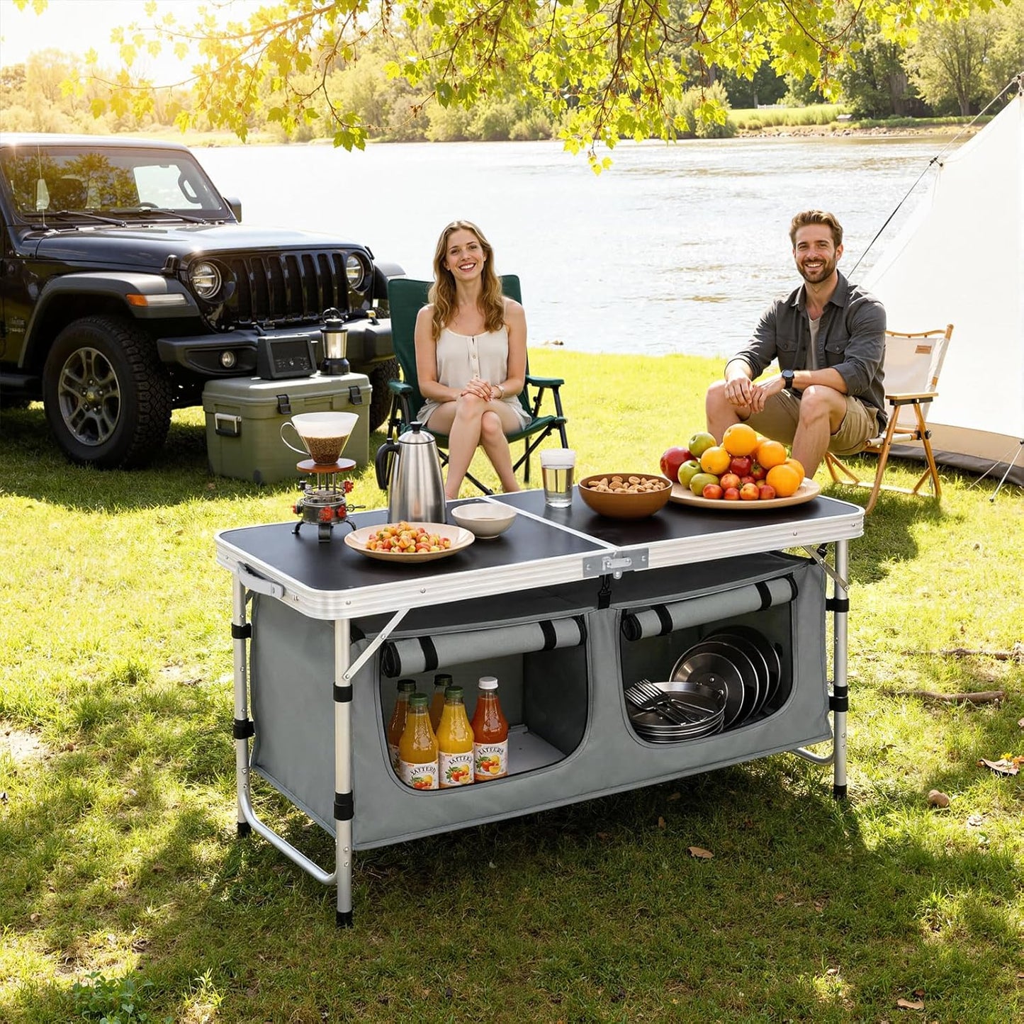 Faltbarer Campingtisch mit Stauraum, Schwarz+grau